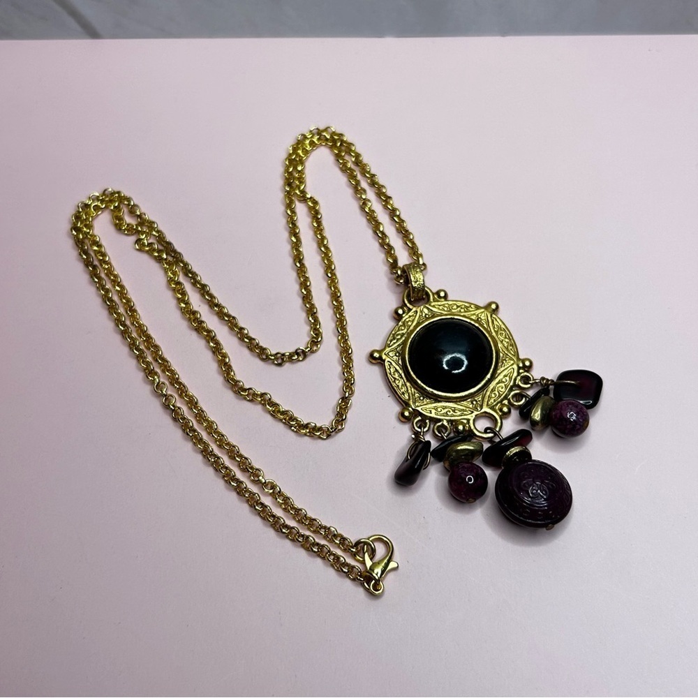 Express Bohemian Gold Tone Black and Burgundy Beaded Pendant Necklace
